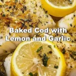 Baked cod fillets with lemon and garlic on a serving plate