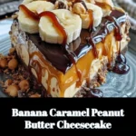 Slice of creamy Banana Caramel Cheesecake topped with peanut butter drizzle