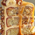 Slice of Banana Pecan Caramel Layer Cake with pecans and caramel drizzle