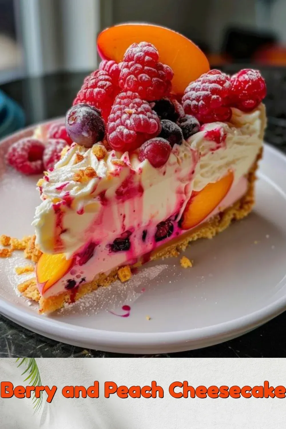 Slice of Berry Peach Cheesecake with fresh berries and peach slices on top