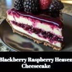 Delicious Blackberry Raspberry Cheesecake topped with fresh berries.