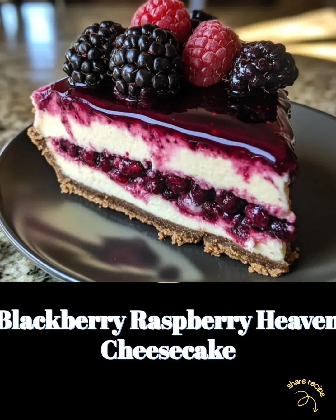 Delicious Blackberry Raspberry Cheesecake topped with fresh berries.