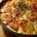 Bubbly and crispy potato gratin topped with Parmesan and Gruyere cheese.