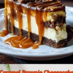 Delicious caramel brownie cheesecake with creamy topping and chocolate drizzle
