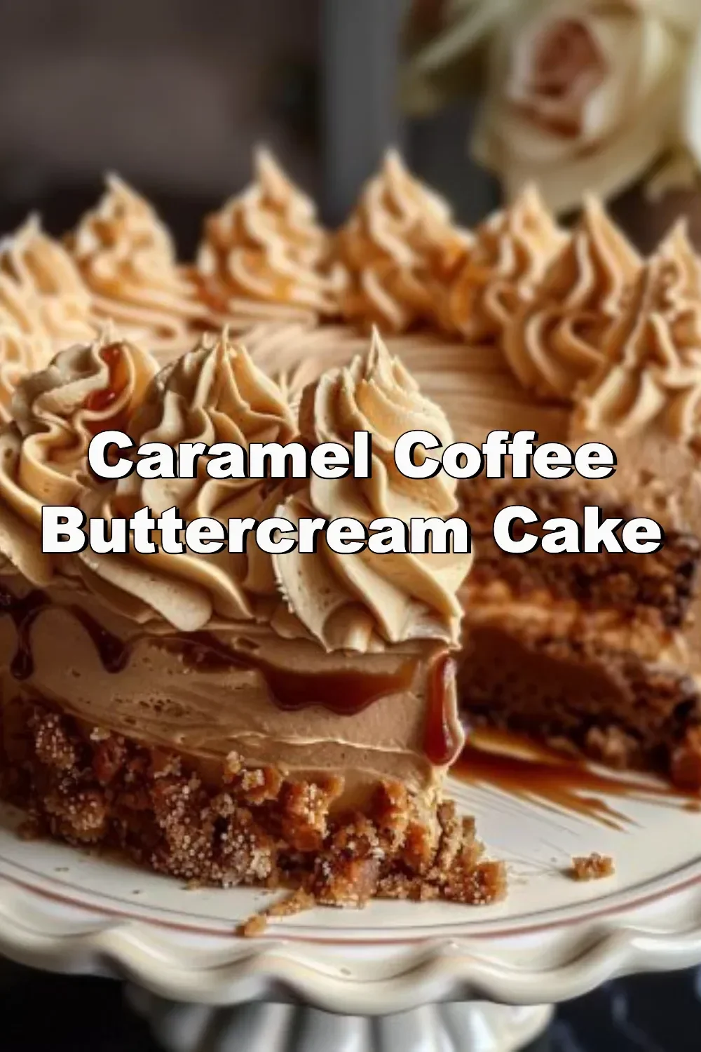 Caramel Coffee Cake with buttercream frosting on a decorative plate