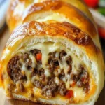 Cheesy ground beef stuffed bread roll with melted cheese and crispy crust