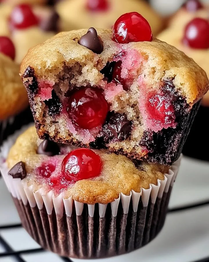 Delicious Cherry Chocolate Chip Muffins with chocolate chips and cherries.