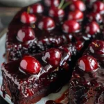 Delicious Cherry Chocolate Cake topped with fresh cherries and chocolate ganache.