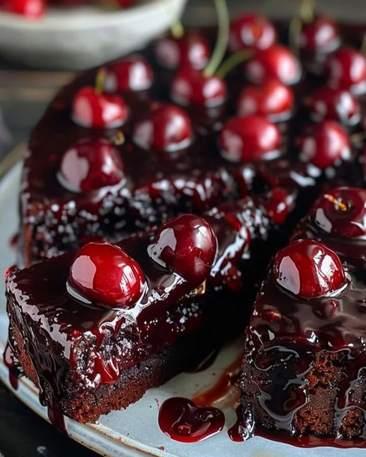 Delicious Cherry Chocolate Cake topped with fresh cherries and chocolate ganache.