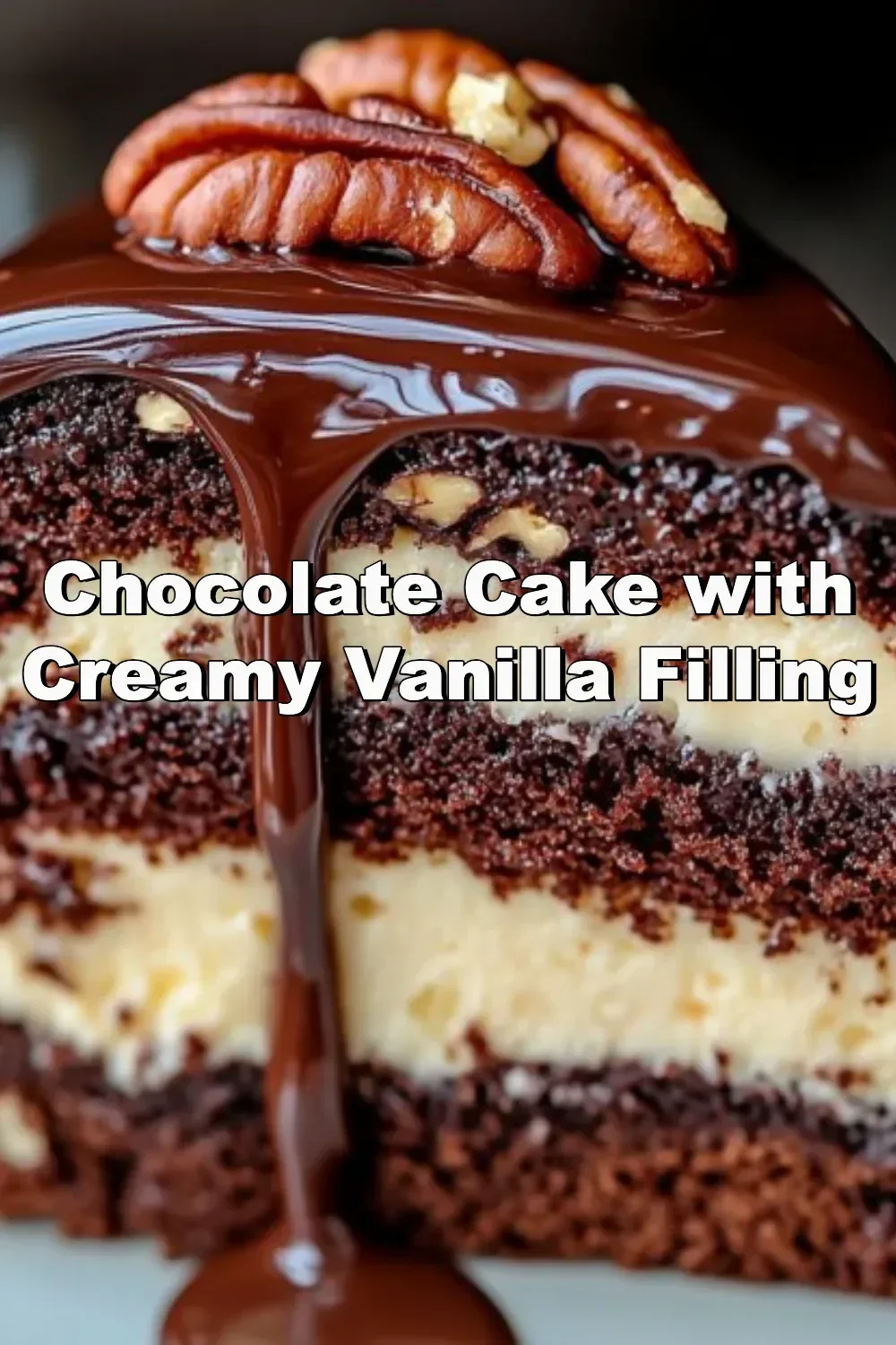 Decadent chocolate cake with a luscious creamy vanilla filling