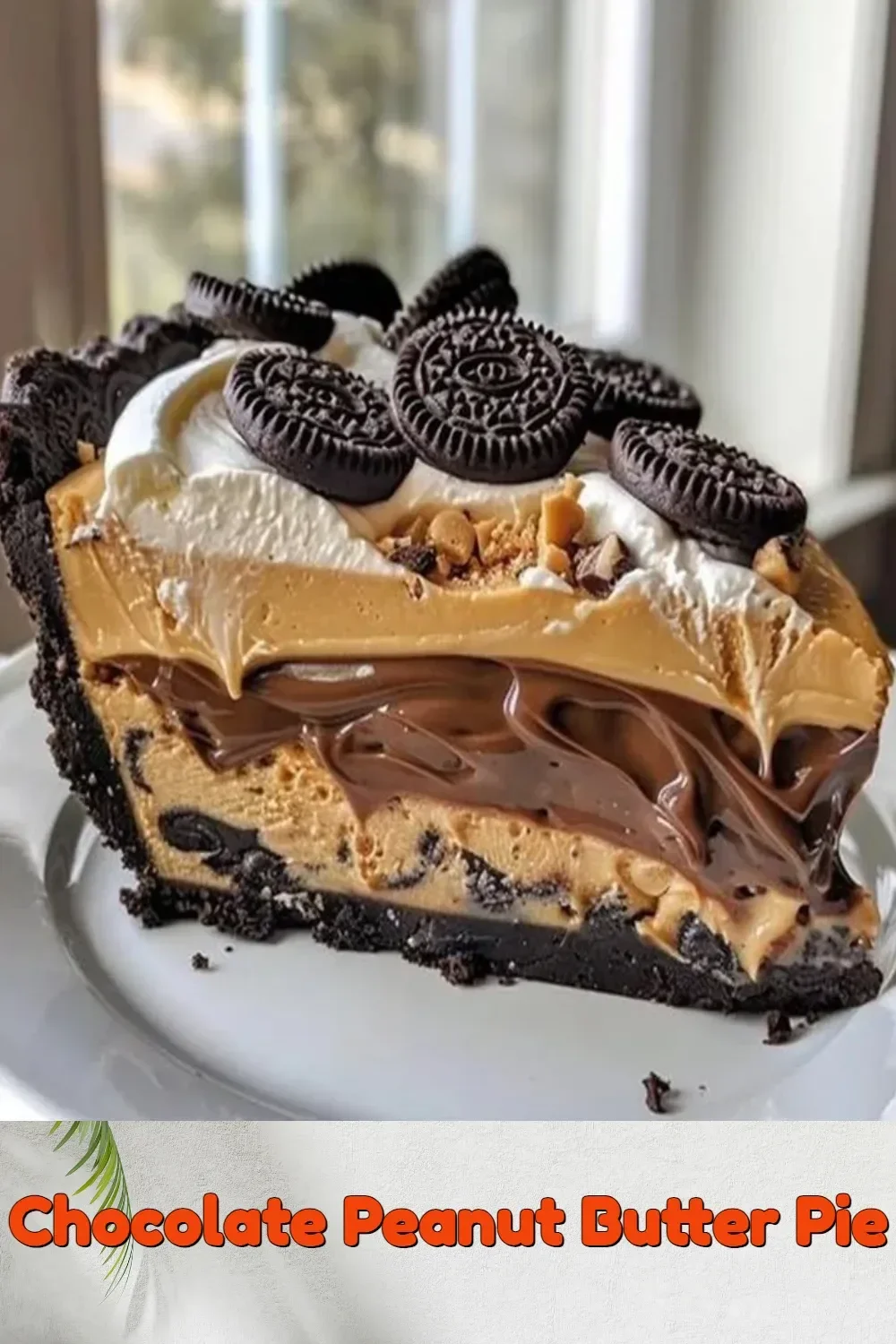 Delicious Chocolate Peanut Butter Pie topped with chocolate shavings and peanut butter fill