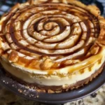 Cinnamon Roll Cheesecake Pie with swirls of cinnamon and a golden crust