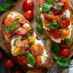 Creamy burrata bruschetta topped with fresh tomatoes and basil on toasted bread