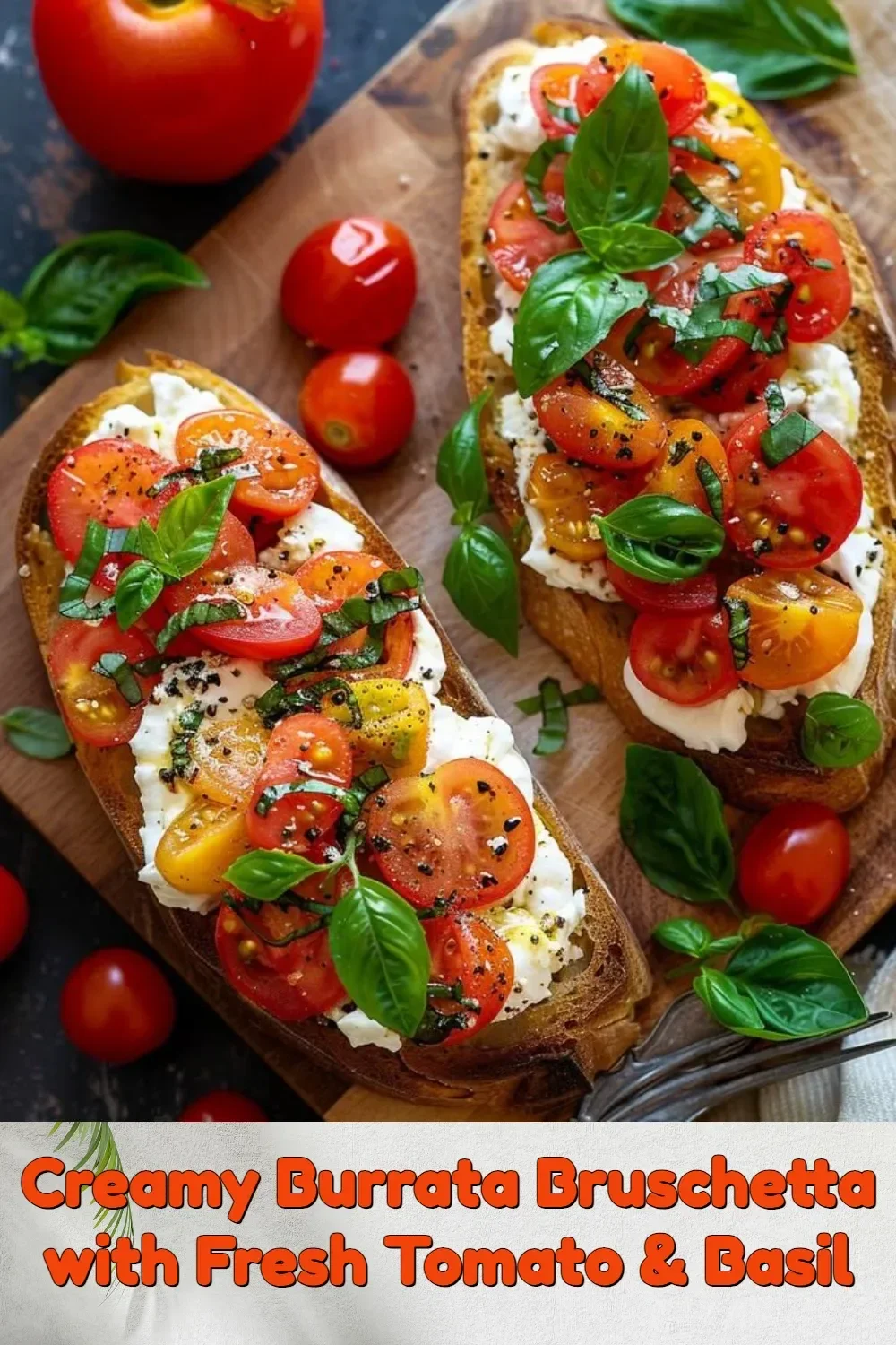 Creamy burrata bruschetta topped with fresh tomatoes and basil on toasted bread
