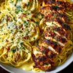 Delicious creamy Cajun chicken spaghetti garnished with herbs and spices