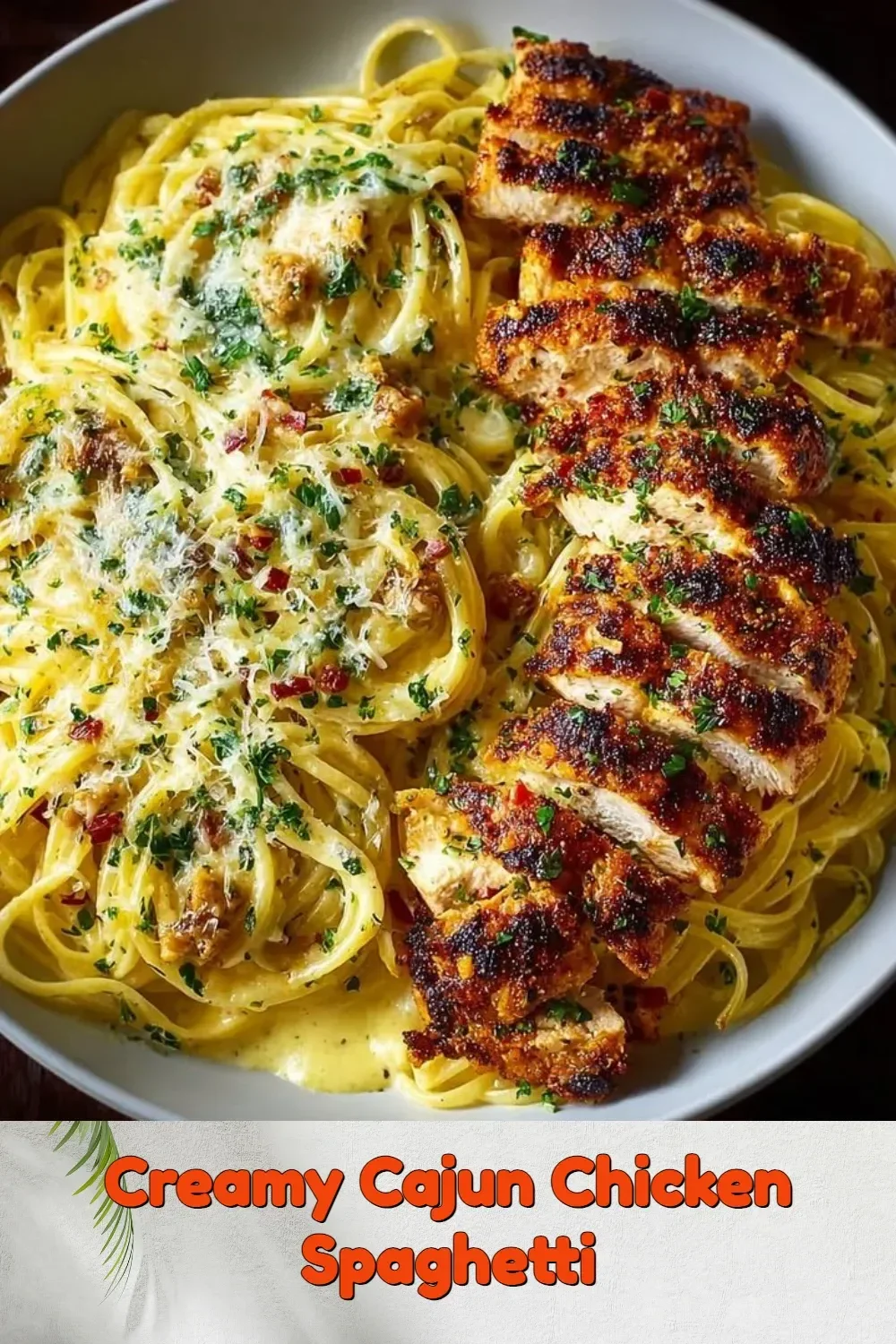 Delicious creamy Cajun chicken spaghetti garnished with herbs and spices