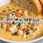 Creamy crab and shrimp seafood bisque in a bowl, garnished with herbs.