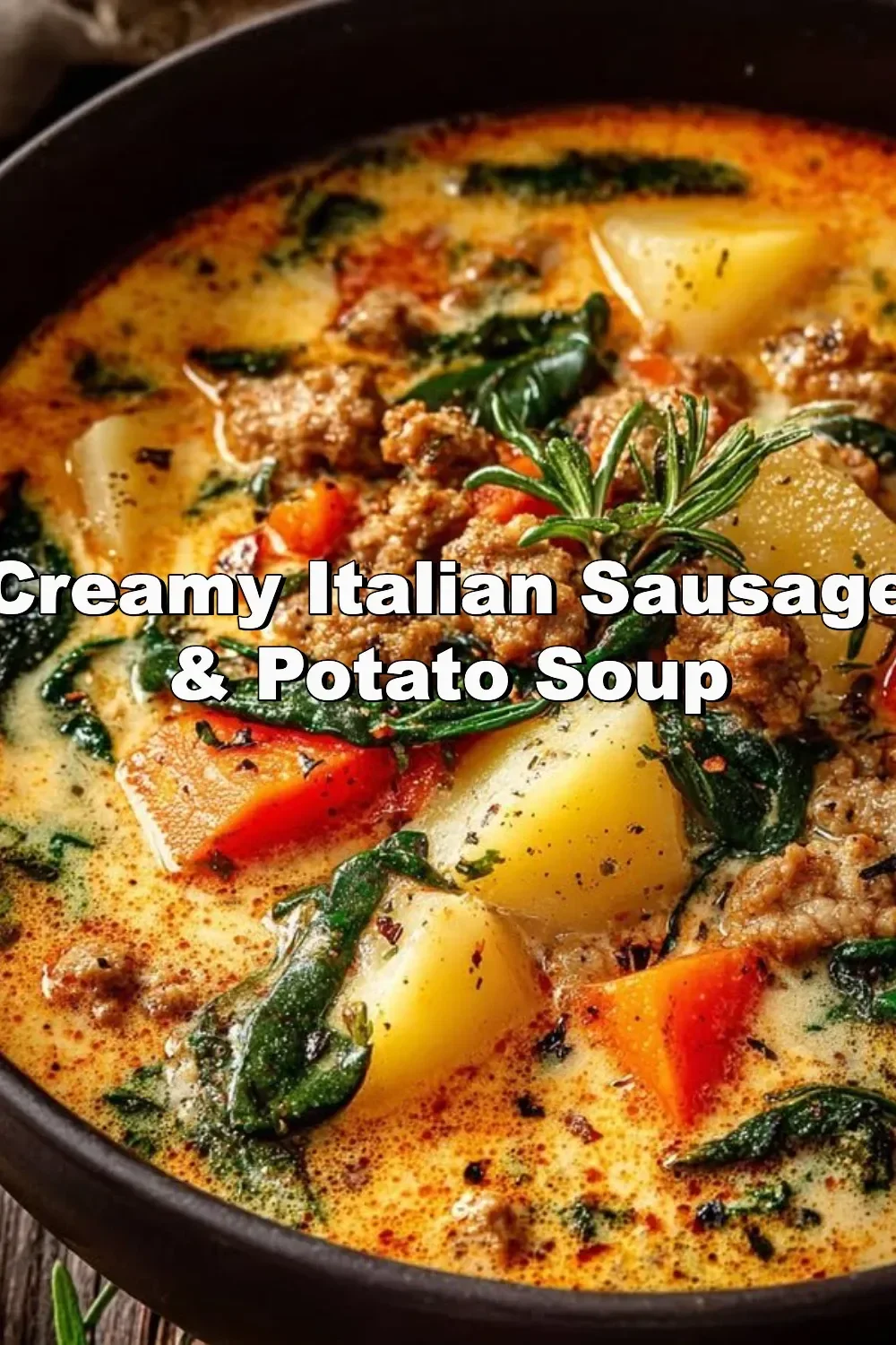 Creamy Italian sausage and potato soup in a bowl with fresh herbs on top
