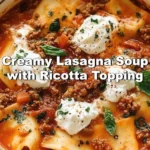 Creamy lasagna soup with a ricotta topping in a bowl