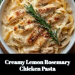 Creamy lemon rosemary chicken pasta dish garnished with fresh herbs