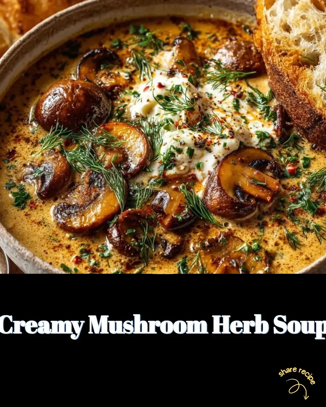 Creamy mushroom herb soup garnished with fresh herbs in a bowl