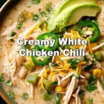 Bowl of creamy white chicken chili topped with herbs and cheese