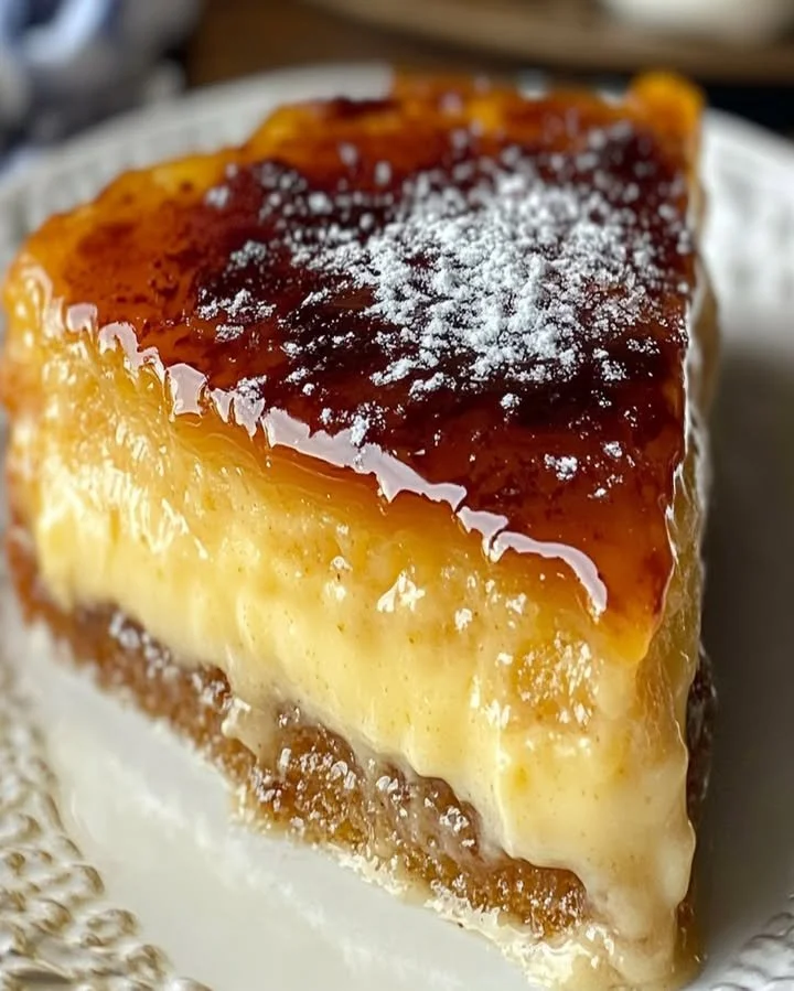 Delicious Crème Brûlée Cake with caramelized sugar topping