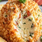Crispy bruschetta cheese ball topped with sun-dried tomatoes and basil