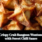 Plate of crispy crab rangoon wontons with a side of sweet chili sauce