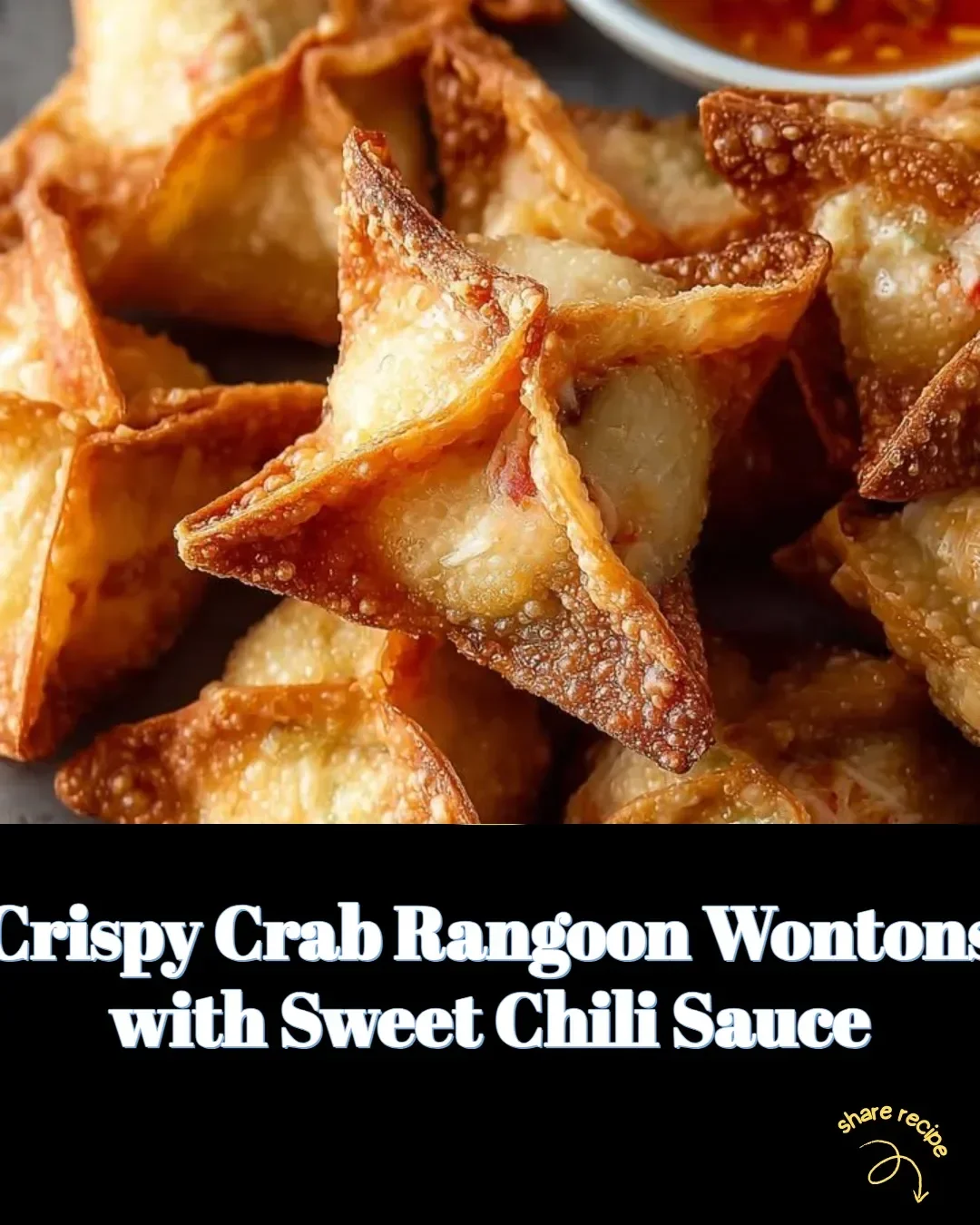 Plate of crispy crab rangoon wontons with a side of sweet chili sauce