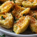 Plate of crispy Parmesan artichoke hearts, golden and deliciously seasoned.