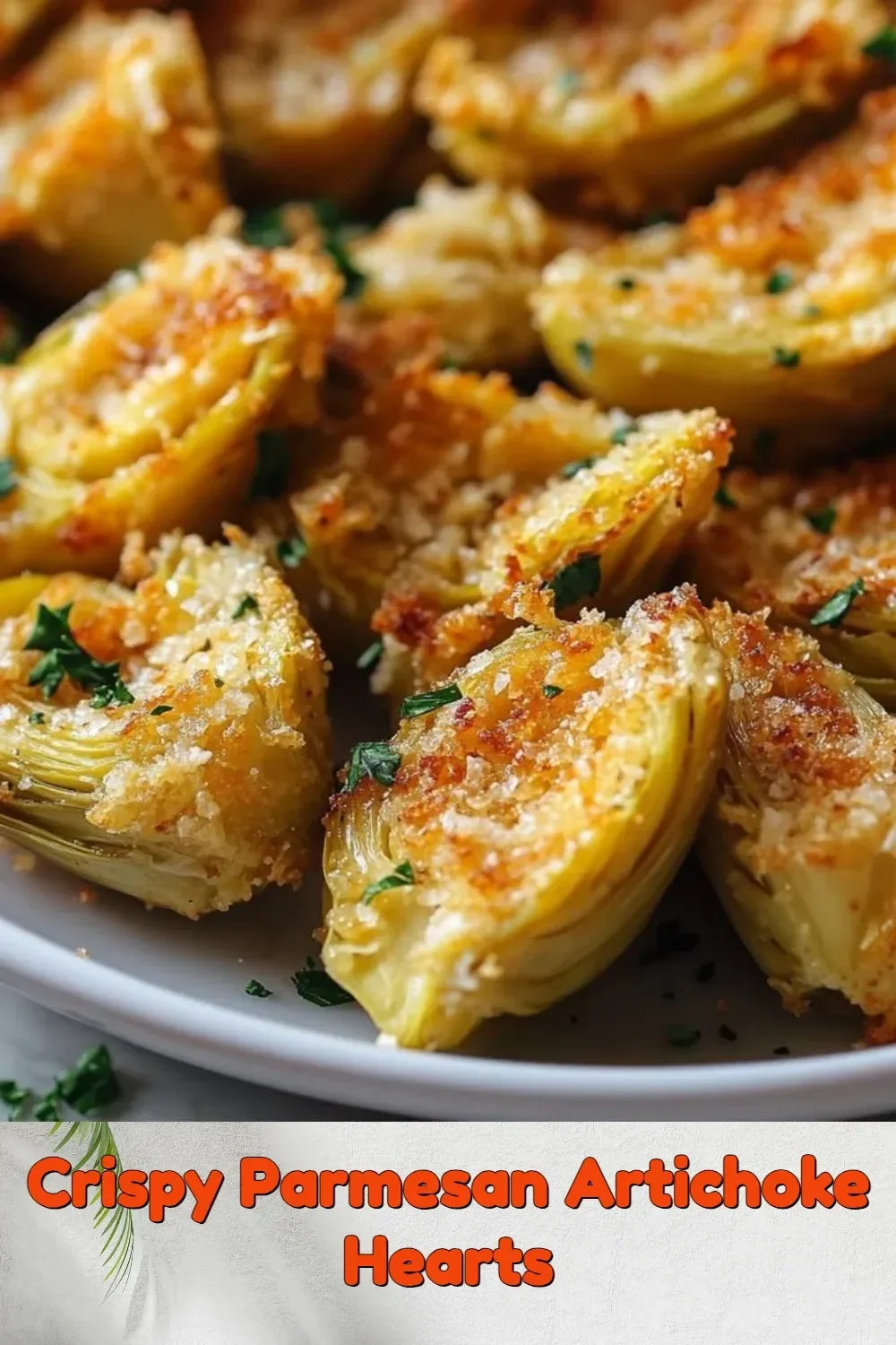 Plate of crispy Parmesan artichoke hearts, golden and deliciously seasoned.