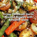 Crispy Parmesan Garlic Roasted Veggies topped with balsamic glaze