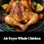 Crispy air fryer whole chicken served on a platter with herbs