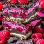 Dark chocolate raspberry pie bars with a rich chocolate crust and raspberry filling