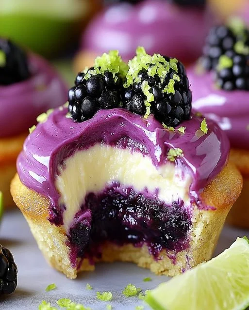 Decadent blackberry lime cheesecake cupcakes topped with fresh berries and lime zest.