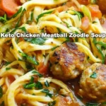 Keto chicken meatball zoodle soup in a bowl with fresh herbs