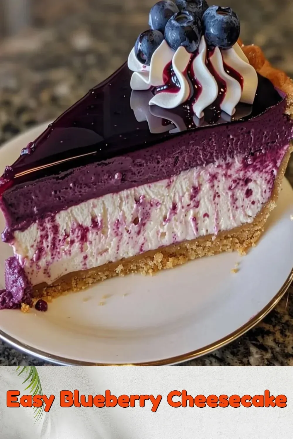 A slice of easy blueberry cheesecake topped with fresh blueberries on a plate.