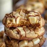 Delicious white chocolate caramel drizzle cookies on a baking tray