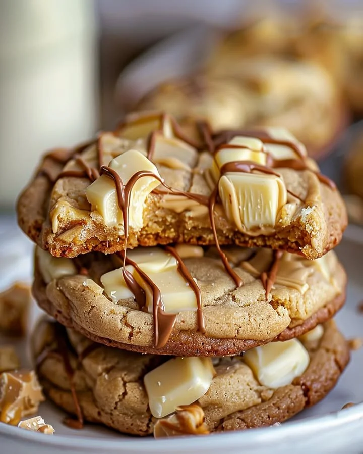 Delicious white chocolate caramel drizzle cookies on a baking tray