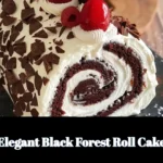 Elegant Black Forest Roll Cake with cherries and whipped cream