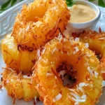 Fried pineapple with coconut crust, a tropical dessert delight