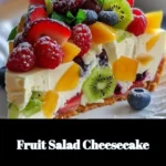 Delicious fruit salad cheesecake topped with fresh fruits and creamy layers