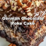 Slice of German Chocolate Poke Cake with chocolate frosting and coconut topping