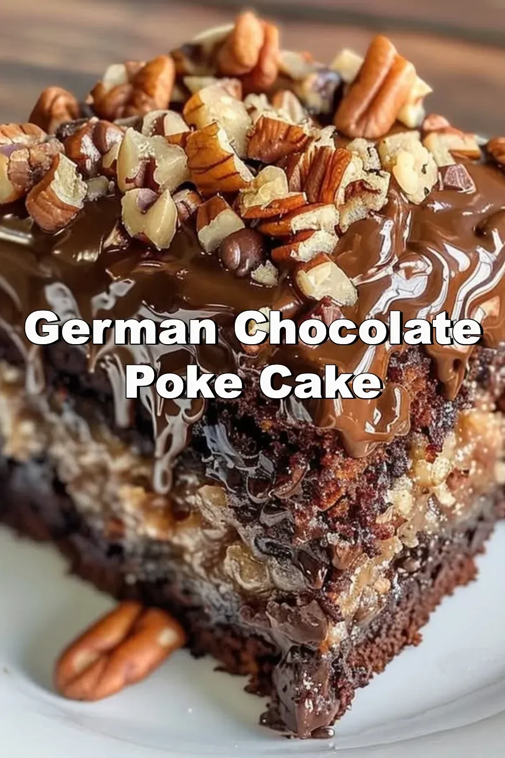 Slice of German Chocolate Poke Cake with chocolate frosting and coconut topping