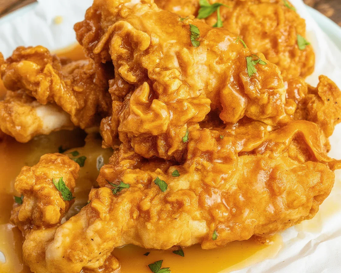 Air Fryer Honey Butter Garlic Chicken Tenders served hot with a side dish.