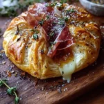 Golden Puff Pastry Brie topped with Sweet Fig and Savory Prosciutto, gourmet appetizer