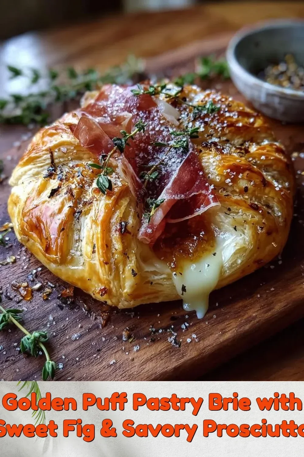 Golden Puff Pastry Brie topped with Sweet Fig and Savory Prosciutto, gourmet appetizer