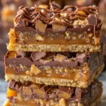 Gooey caramel chocolate crunch bars with layers of chocolate and crispiness