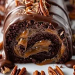 Gooey chocolate caramel turtle cake roll with layers of chocolate and caramel.